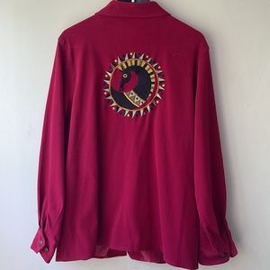 VINTAGE BOB MACKIE WEARABLE ART 90s Burgundy Embroidered Horse Jacket Size Large
